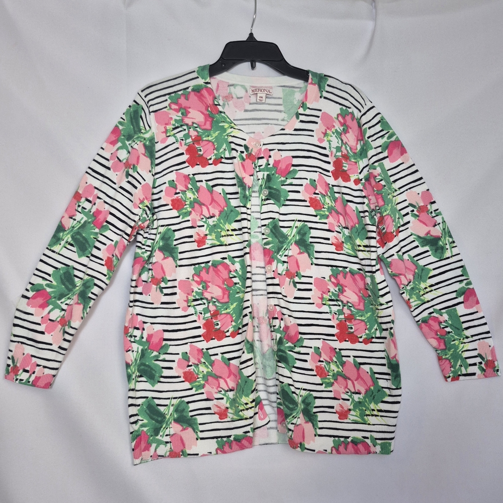 Merona Pink & Green Floral Stripe Cardigan - Picture 3 of 8